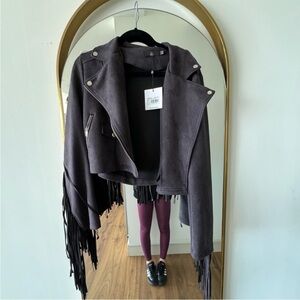 Missguided Charcoal Suede Leather Fringe Jacket